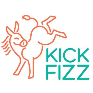 Logo of Kick Fizz with a stylized donkey illustration on a white background